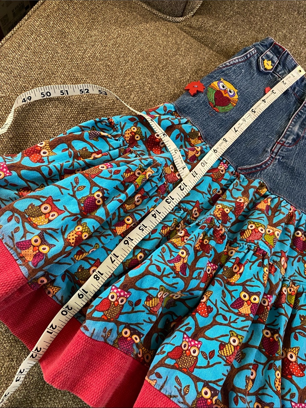 SO 4th adorable Jean twill owl pattern twirl dress so CUTE!! Girls L 10/12 - Picture 8 of 9